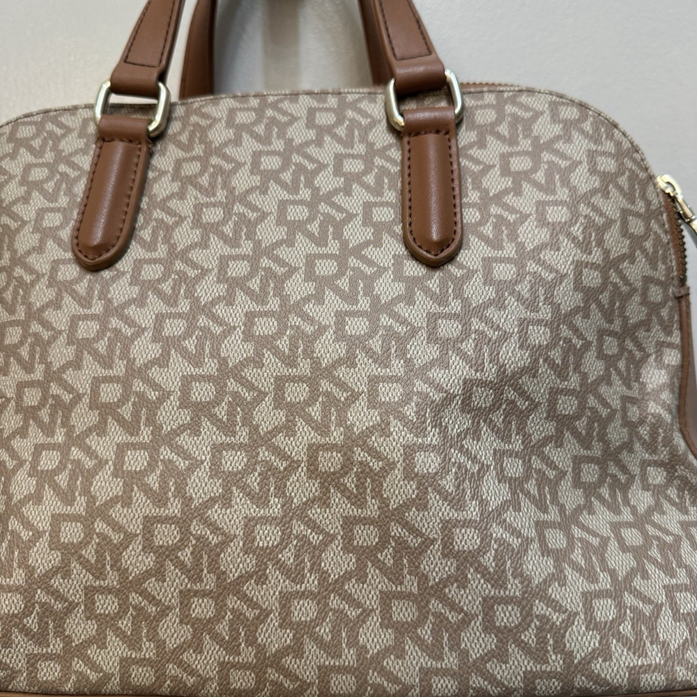 DKNY Heritage Coated Logo Satchel Crossbody Brown Cream w/ Hang Tag EUC - Picture 5 of 8